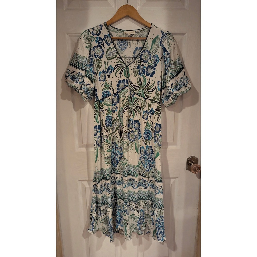 Fig + Flower Midi Dress M White Blue Floral Puff Sleeve Tiered Boho Summer